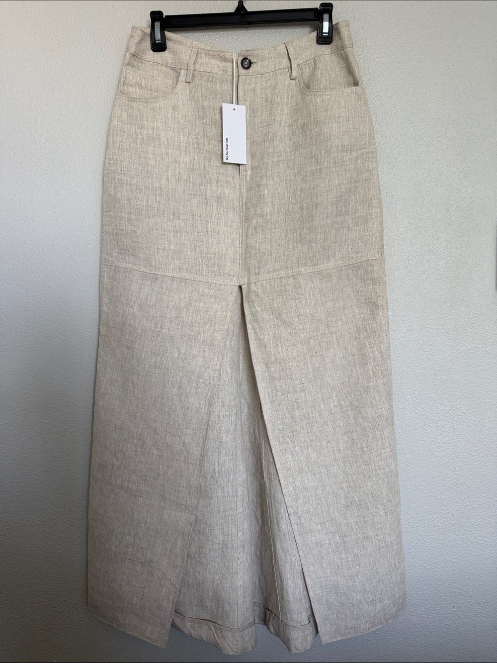 Women's Cream Linen Blend Midi Skirt with Front Slit - Picture 3 of 11